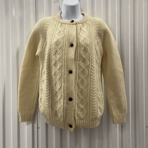 Vintage Women Hand Knit Fisherman Cable Knit Beige Cardigan Sweater Size M Cream - Picture 1 of 6